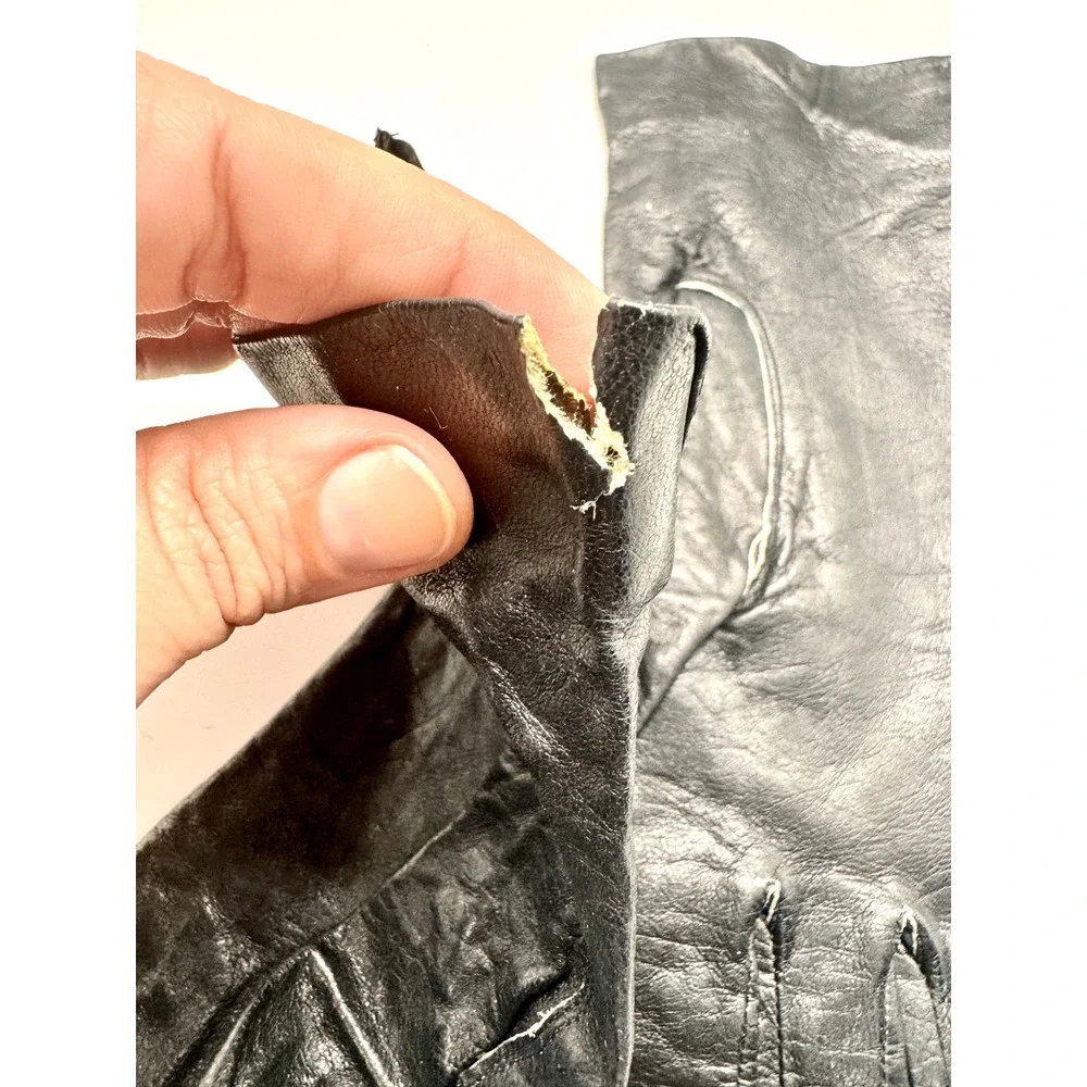 Vintage Black Leather Gloves Embellishd Floral Detail Mid Century Size 7 Fair‎